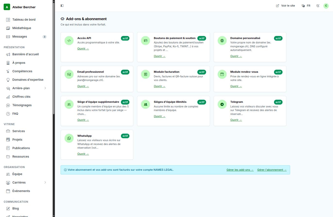 Der Add-ons-Bildschirm: eine Karte pro Add-on mit Aktiv-Markierung und einem Link, der das Modul öffnet.